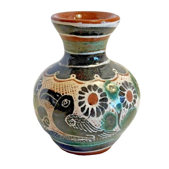 Mexican Tonala Mini Vase Redware Birds Roses Trees Folk Art 2.5 in - Picture 5 of 8